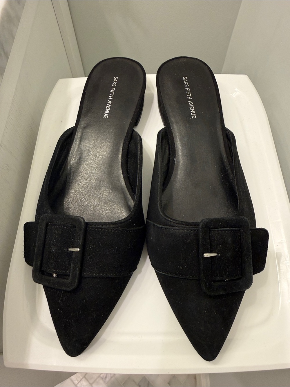 Saks Fifth Avenue Black Pointed Suede Buckle Mules